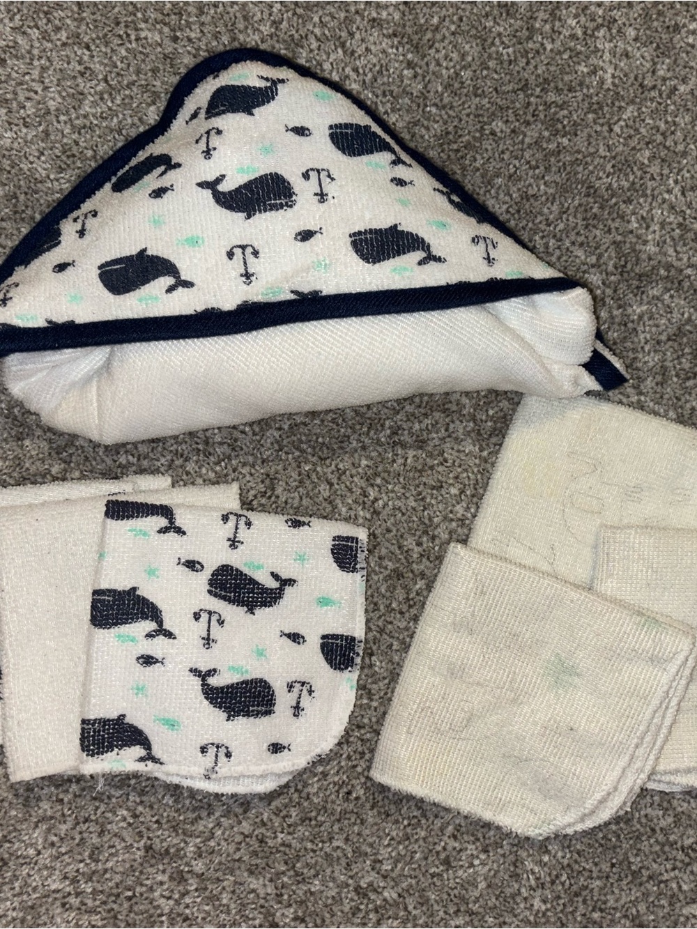 Whale Print Navy Trim Hooded Baby Towel and Washcloth Set